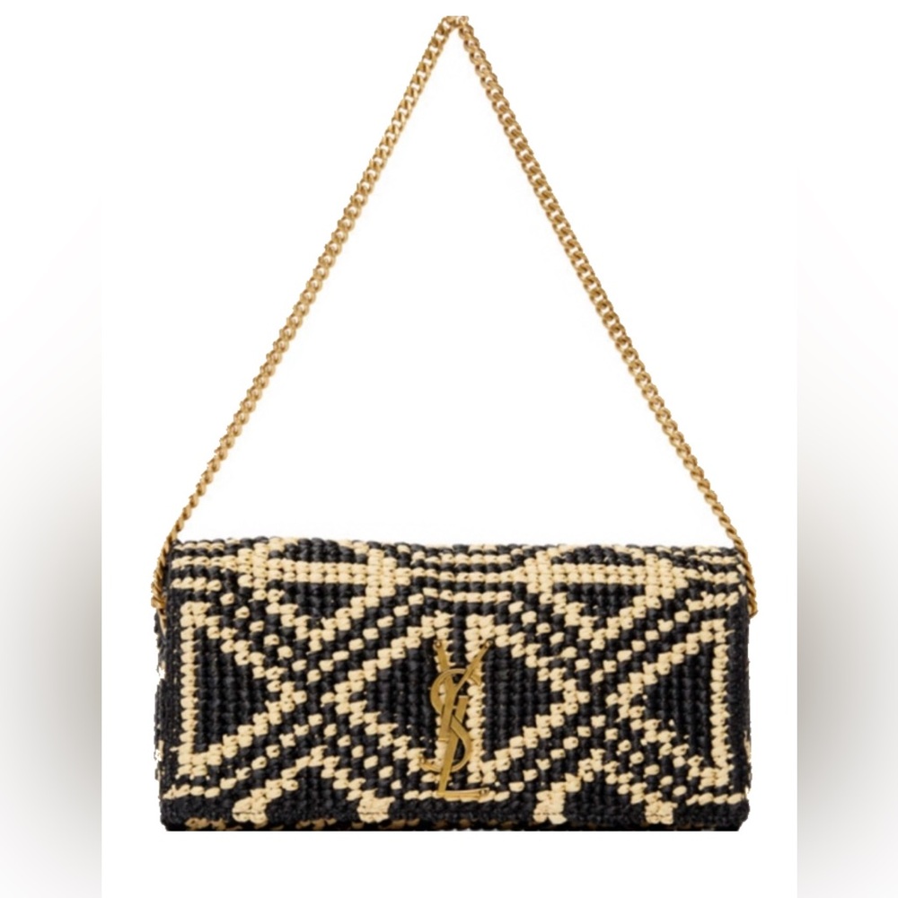 YSL Black and Beige Raffia Kate Shoulder Bag